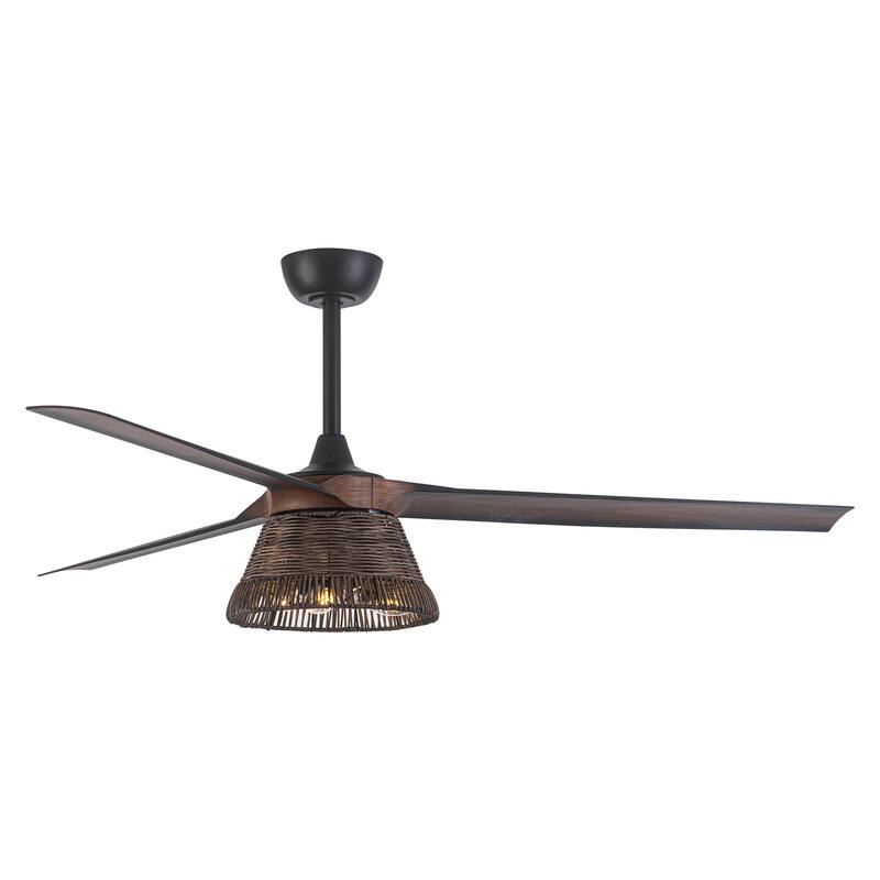 60" Natural 3Blade Rattan LED Ceiling Fan with Remote and Light Kit